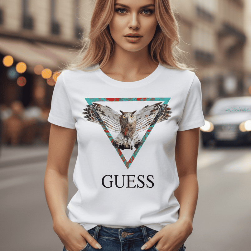 Дамска бяла тениска Guess с цветен принт на бухал и триъгълно лого памук