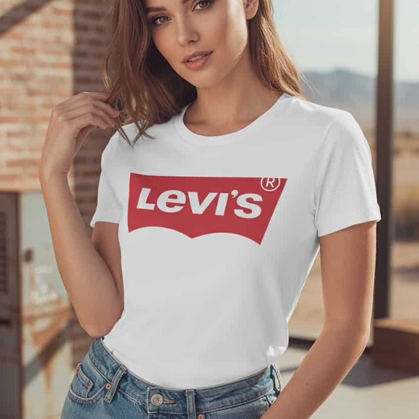 Дамска бяла тениска Levi's с голямо червено Batwing лого, облечена от модел на открито, с фон от тухлена стена и пустинен пейзаж.