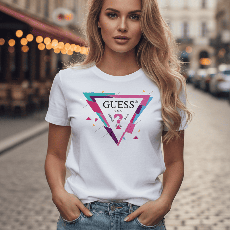 Дамска бяла тениска Guess с модерен, геометричен цветен принт в розово, синьо и лилаво, модел на фона на градска улица.