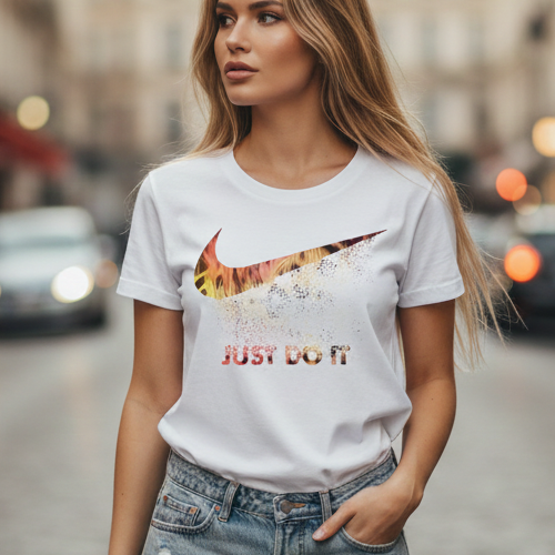Дамска бяла тениска Nike с цветно лого Swoosh и надпис Just Do It с ефект на разпръскване, носена с дънки