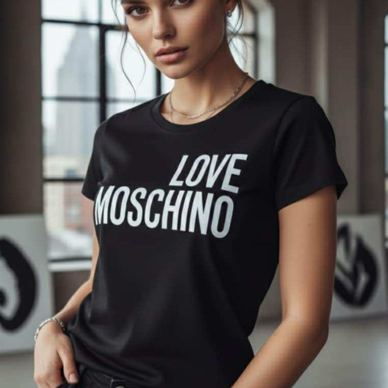 Млада жена с черна тениска Love Moschino с голям бял надпис на гърдите, позираща в индустриален интериор.