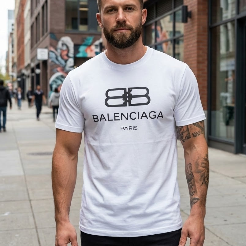 Мъж носи класическа бяла тениска Balenciaga с черното лого BB Paris в центъра.