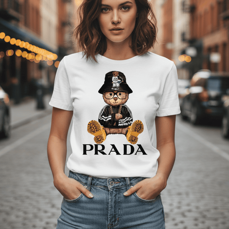 Модел на градска улица, носещ бяла дамска тениска Prada с принт на модерно мече с шапка, очила и златни ланци.