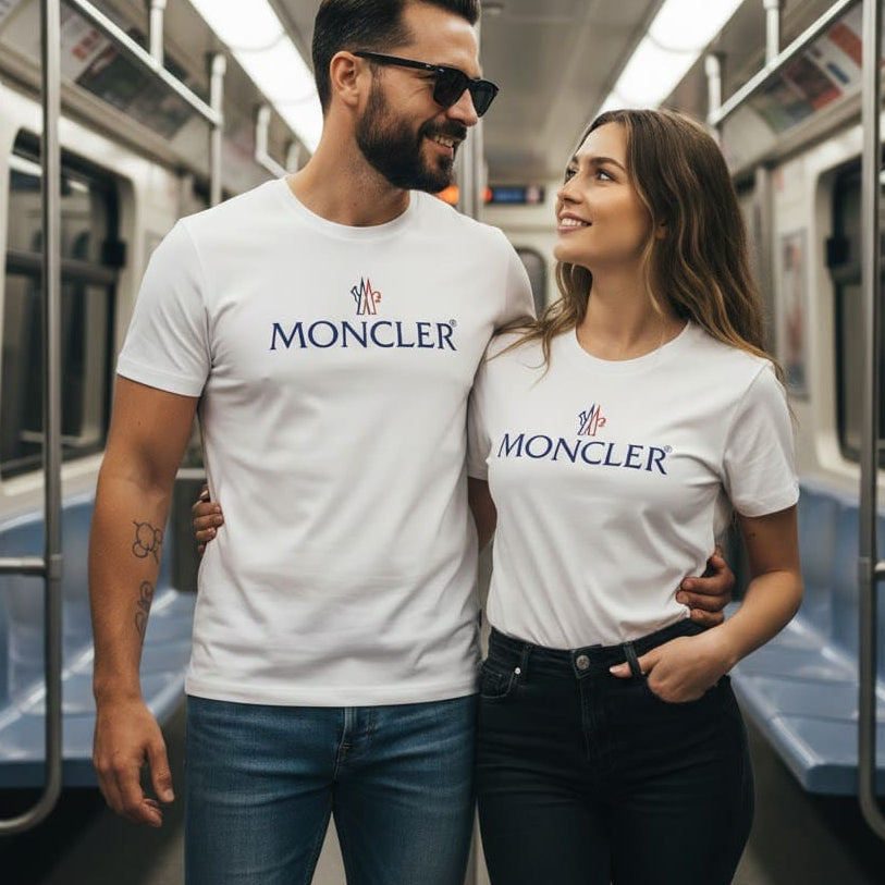 Мъж и жена с бели тениски Moncler в метрото – модерен градски стил