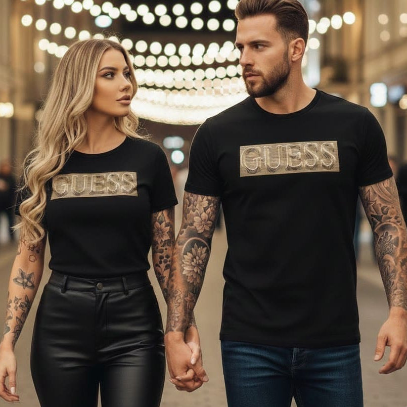 Тениски за двойки с 3D златен принт - 32 - FashionVibe