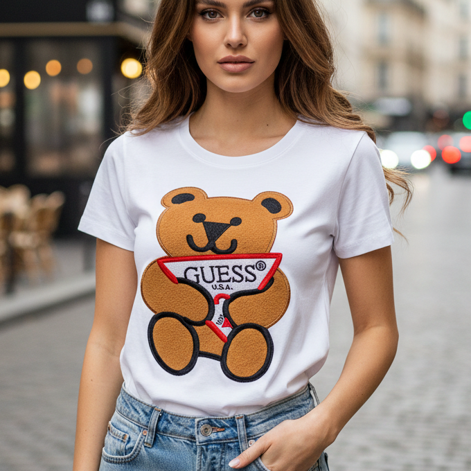 Дамска бяла тениска Guess с имитация на бродирано мече и лого триъгълник, модел с изчистени сини дънки, градска среда.