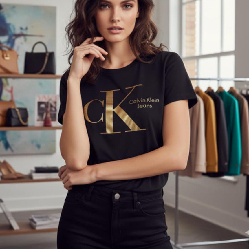 Черна дамска тениска Calvin Klein Jeans със златисто лого и къс ръкав
