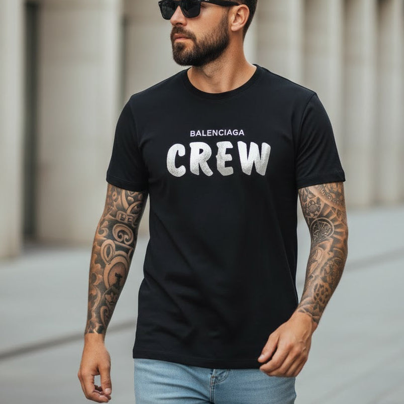 Черна мъжка тениска със сребрист надпис Balenciaga Crew на гърдите