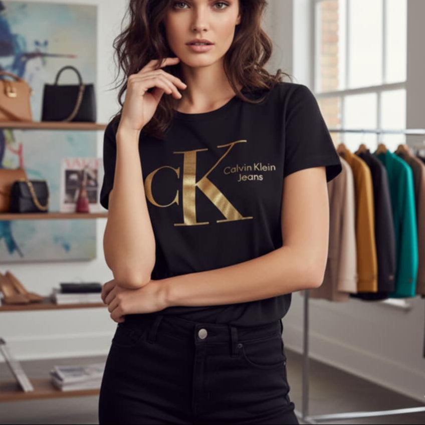 Тениска със златен принт CK4029 - FashionVibe