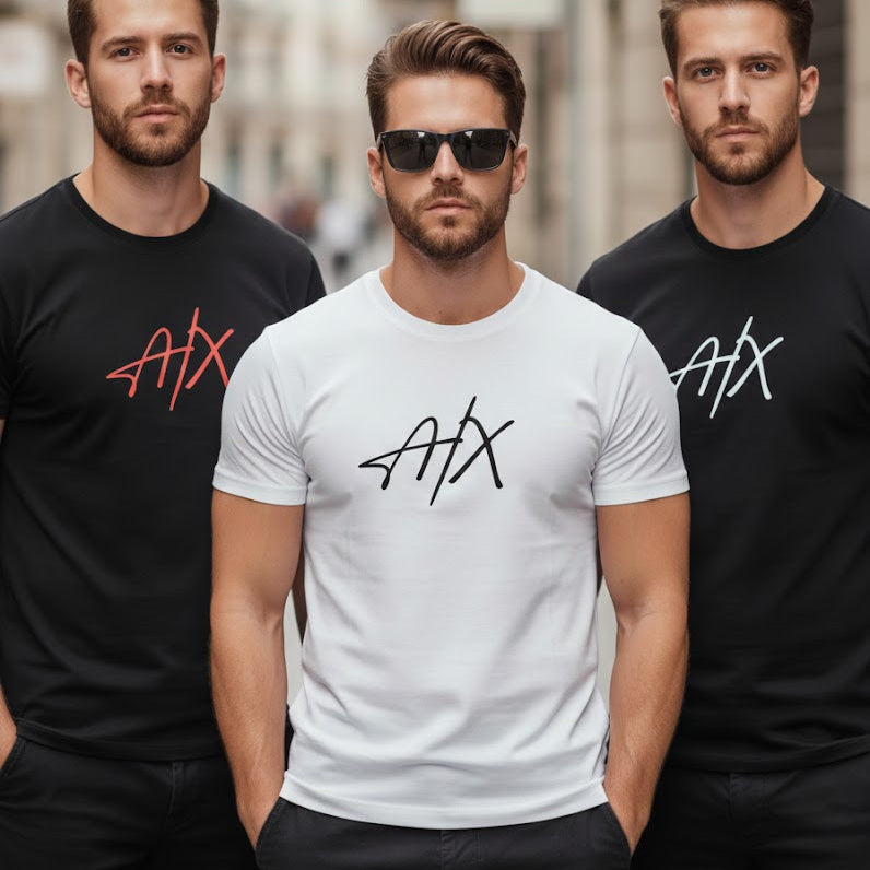 Трима мъже с черни и бели тениски AX с релефен велурен принт комплект