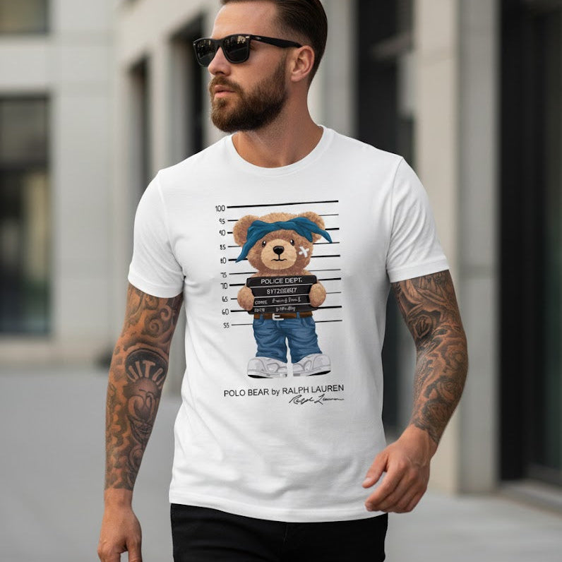 Мъжка тениска с мече бандит в бяло