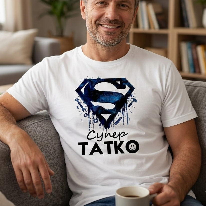 Бяла памучна тениска за подарък с графичен дизайн „Супер ТАТКО“ в стил камуфлаж и елементи на инструменти.